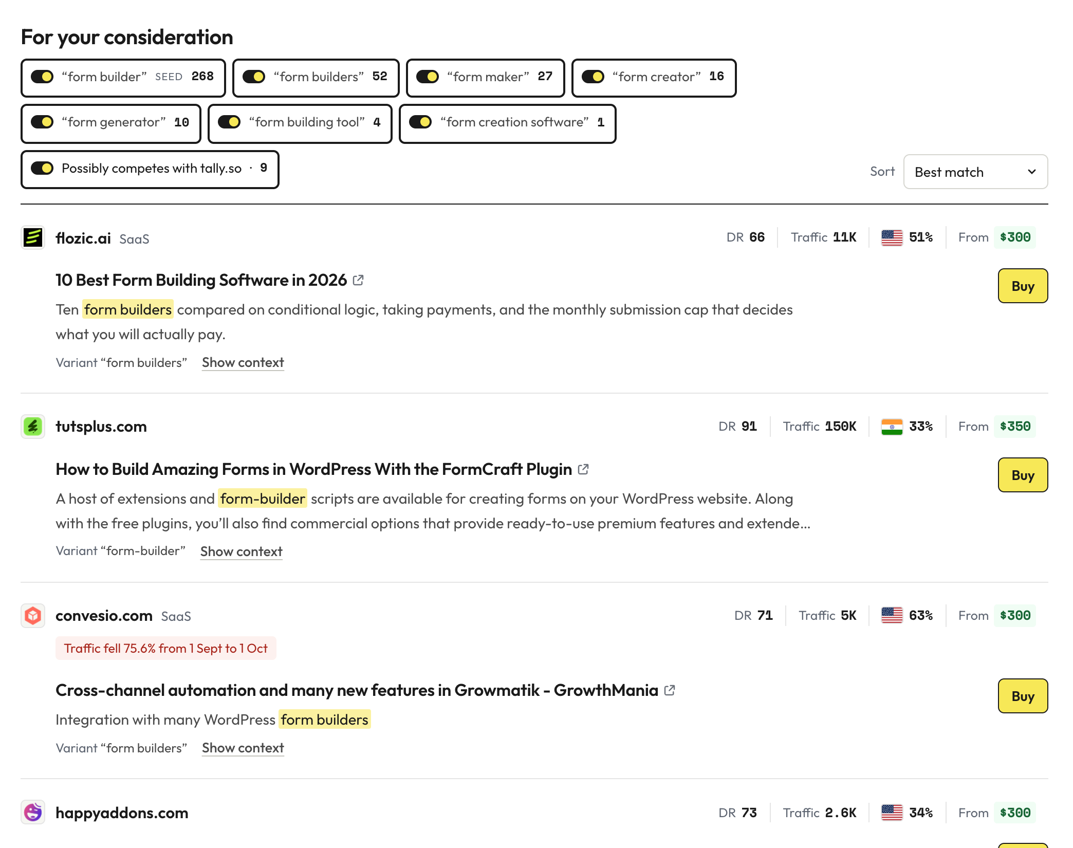 LinkVendors search results for the keyword form builder. Each result shows the site, its DR and traffic, the article title, the sentence that contains the keyword, the starting price and a Buy button.